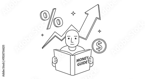 A person reading a money guide book with financial symbols like percentage, growth arrow, and dollar sign, representing financial education and investment.