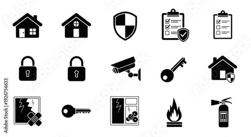 Black and white icon set representing home security, property protection, safety, and surveillance systems.