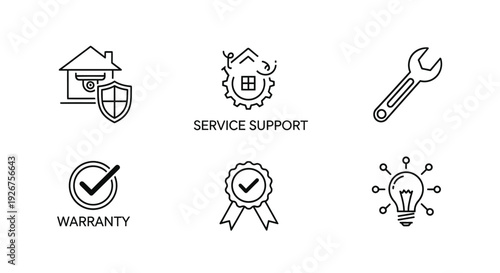 Line art icons representing home protection, service support, repair tools, warranty, quality assurance, and innovative solutions for various household needs.