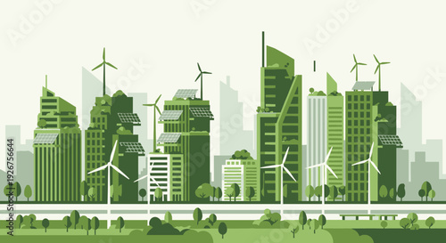 Green city skyline with modern sustainable buildings, wind turbines, and solar panels, illustrating eco-friendly urban development and renewable energy.