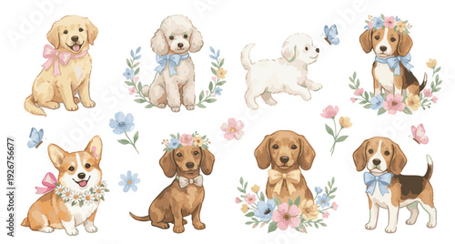 Cute watercolor puppies with floral wreaths and bows. Golden retriever, poodle, dachshund, beagle, corgi, maltese. Collection of Vector illustrations. Perfect for invitation, card, poster, banner
