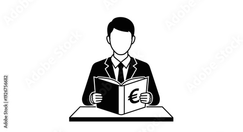 A minimalist black and white illustration of a person in a suit reading a book with a Euro symbol, representing financial education or business.