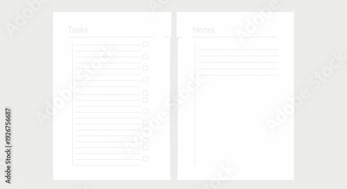 Two blank white pages with 'Tasks' and 'Notes' headings, featuring lines for writing and checklists.