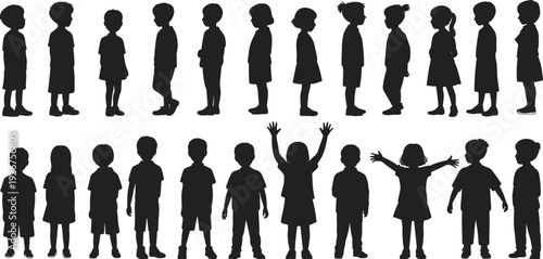 Children silhouette collection isolated on white background, diverse kids standing and playing poses vector set, boy and girl black clipart bundle