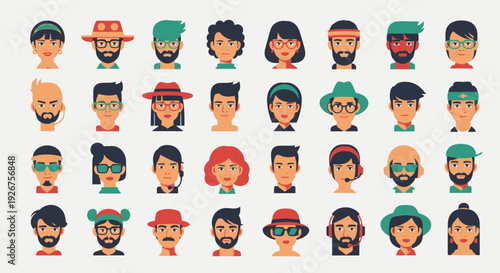 A diverse collection of flat design avatar heads featuring various male and female characters with different hairstyles, accessories, and facial features.