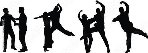 Black silhouettes of professional ballroom and latin dancers set, couples dancing tango, salsa, and waltz isolated on white background panorama.