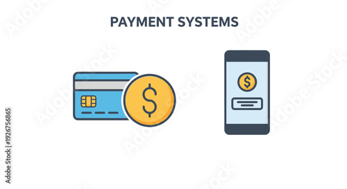 Illustration of various payment systems including credit cards and mobile banking applications for digital transactions.