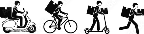 Delivery man stick figure icons set showing courier shipping parcels by scooter bicycle electric kick scooter and running on white background