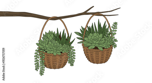 Two brown wicker baskets overflowing with green succulent plants and trailing vines hanging from a horizontal tree branch against a plain background.