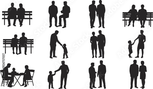 Family and people silhouette collection isolated on white background, parents, children and couples sitting, standing and walking poses, black vector clipart set