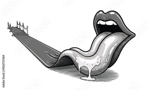 Monochromatic vector illustration of open mouth with glossy lips and long tongue forming a slide with railings, isolated on white background