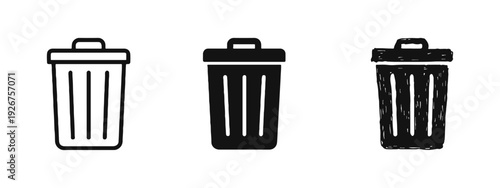 Trash Can and Recycle Bin Icons Set in Outline, Solid, and Hand-Drawn Styles
