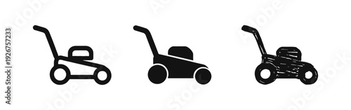 Lawn Mower Icons Set in Outline, Solid, and Hand-Drawn Doodle Styles for Gardening and Landscape Design