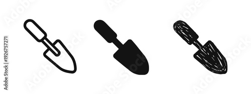 Garden Trowel Icons Set in Outline, Solid, and Hand-Drawn Doodle Styles for Planting and Cultivation