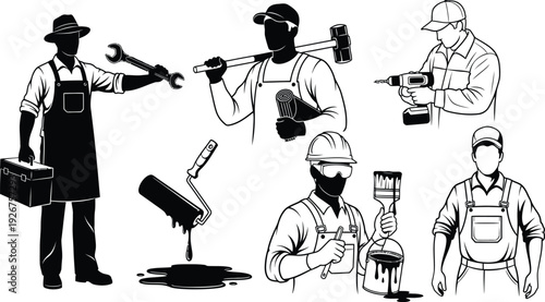 Black and White Vector Set of Skilled Manual Workers Holding Tools Including Wrench Sledgehammer Drill Paint Roller and Brush for Construction Services