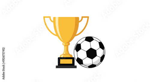 A gold trophy cup with a black pedestal base stands beside a standard black and white patterned soccer ball on a solid white background.