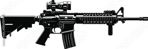 Military assault rifle vector illustration, tactical automatic weapon silhouette with scope and accessories, isolated black and white firearm for graphics.