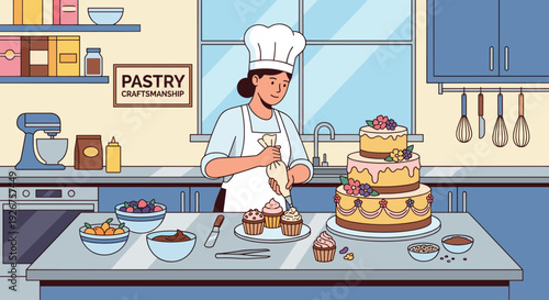 Female pastry chef in a uniform carefully pipes frosting onto cupcakes with a piping bag, surrounded by a tiered cake and ingredients in a professional kitchen illustration