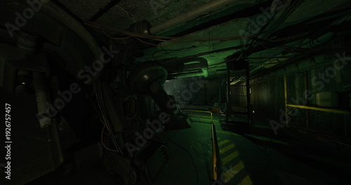 Photos nightshift inspection route with console glow, drone and sensor readouts, flashl