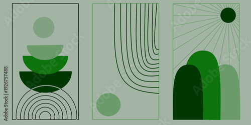 Hand-drawn green boho art. Bohemian art with semicircular shapes. Bohemian concept for walls and interiors.