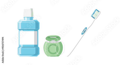 A blue mouthwash bottle with a white label stands next to a green dental floss container and a white toothbrush on a white background.