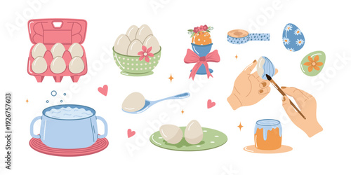A set of instructions for cooking, painting, and decorating Easter eggs on a white background. Vector minimalist design.