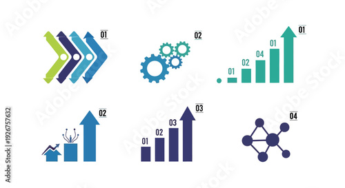 Business growth icons with arrows gears and charts a silhouette