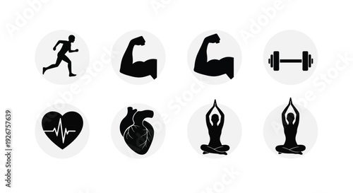 Fitness icons featuring a running man and yoga poses silhouette