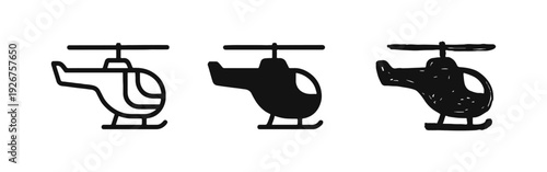 Helicopter Icons Set in Outline, Solid, and Hand-Drawn Doodle Styles for Air Transport and Aviation