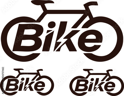 Bike text logo design with bicycle silhouette. Includes three variations of a brown bike wordmark integrated into a bicycle shape. Created in flat style with a dark brown color palette.