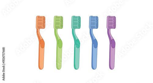 Five colorful toothbrushes in orange green teal blue and purple shades stand in a vertical row against a solid white background.