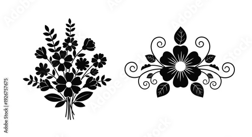 Floral arrangements with detailed leaves and swirling stems a black silhouette