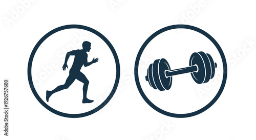Fitness icons depicting running and weightlifting in circular frames silhouette