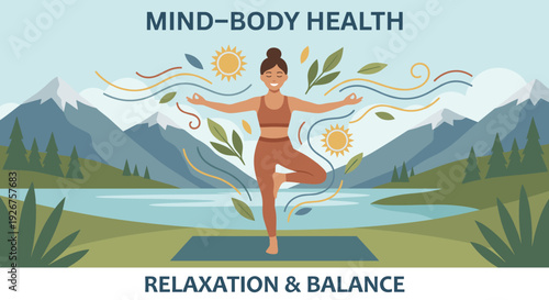 Smiling woman practicing a yoga tree pose on a mat in a serene mountain landscape with a lake, representing mind-body health, relaxation, and balance in a flat vector illustration style