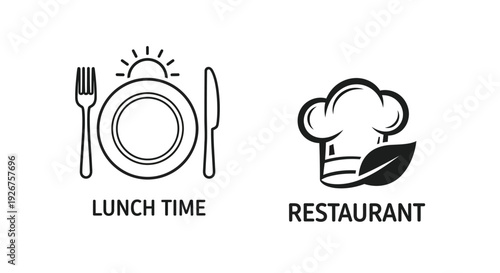 Restaurant icons featuring cutlery plate and chef a black silhouette