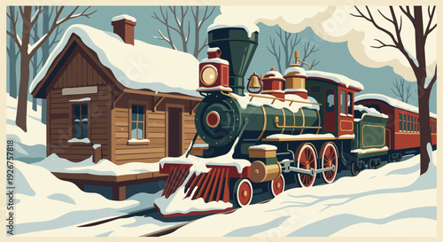 Vintage green and red steam train covered in snow stands at a rustic wooden station in a peaceful winter forest landscape, a charming retro illustration