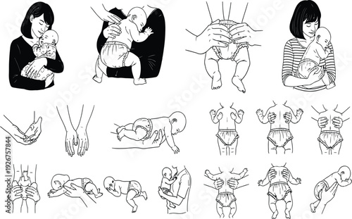 Black and White Vector Illustration Set Featuring Mother Carrying Infant Baby Care Diaper Changing And Burping Techniques For New Parents Education