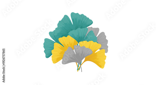A bundle of overlapping ginkgo leaves in teal yellow and grey colors is gathered at the stems on a white background.