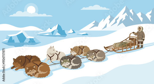 Team of husky sled dogs resting peacefully in the snow, harnessed to a wooden sled with a musher in a cold arctic landscape with mountains and icebergs