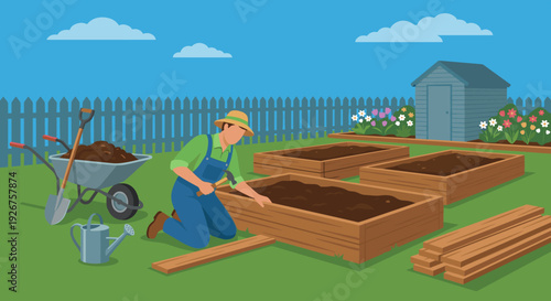 Gardener wearing blue overalls and a hat builds wooden raised garden beds with a hammer in a lush green backyard with a shed and fence