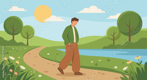Young man in a green jacket walks thoughtfully along a path in a serene park on a sunny day with a lake, trees, and flowers in a flat vector illustration style