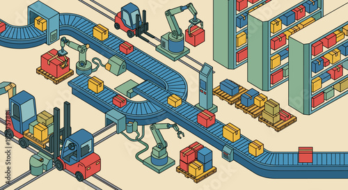 Automated warehouse logistics system with robotic arms, conveyor belts, and forklifts moving cardboard boxes for an efficient supply chain process, isometric vector illustration