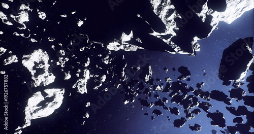 Fotografie starlight piercing gaps between silhouetted asteroids, cosmic depth frames drama
