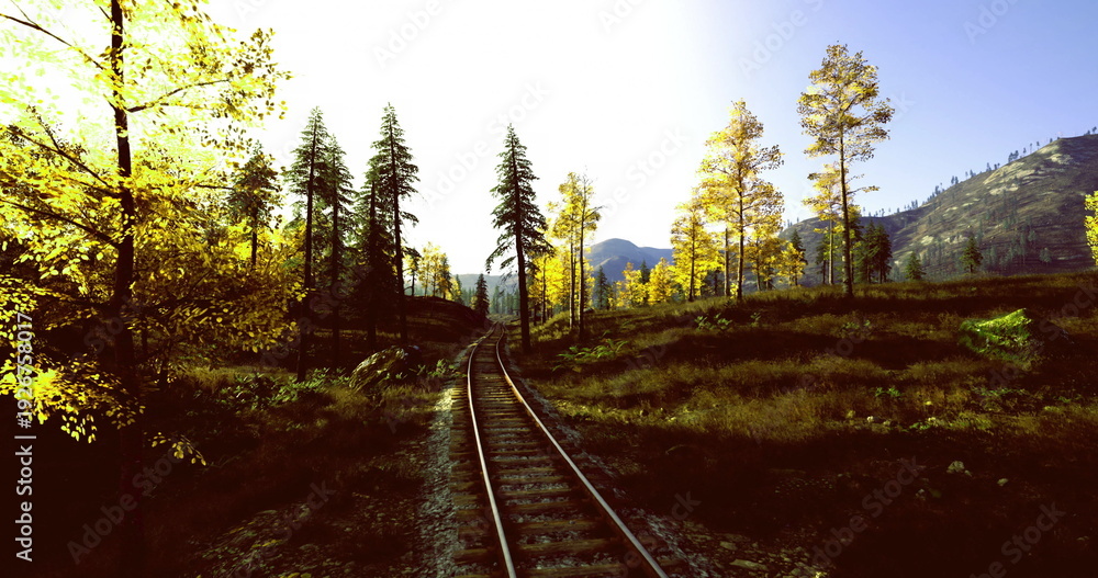 Fototapeta premium sunlit rail through rolling pine hills, warm lateafternoon light creating long shadows over grassy banks, distant mountain silhouette with open sky, sense