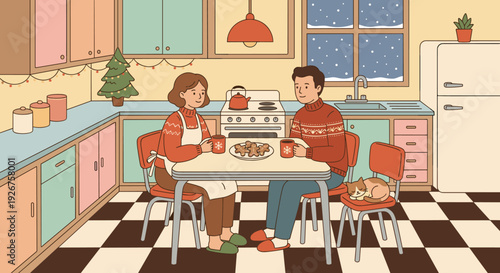 Charming couple in festive sweaters enjoys gingerbread cookies and hot drinks at a table in a cozy, retro kitchen decorated for Christmas as snow falls outside