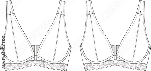 Technical vector illustration of women’s supportive lace bra front view with seam details, fashion flat sketch, lingerie design template