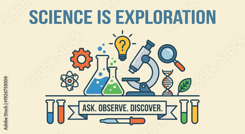 Colorful flat design science education banner with icons for chemistry, biology, and physics like a microscope, beakers, and DNA helix for learning and discovery