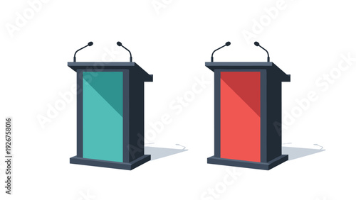 Two podiums with microphones for political debate or press conference representing opposing viewpoints in red and teal colors.