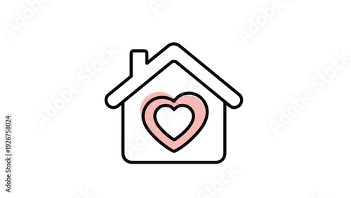 Minimalist line art illustration of a house icon with a pink heart inside symbolizing home love and family warmth.