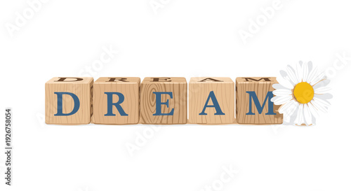 A row of wooden blocks spelling DREAM sits next to a single white daisy flower on a plain white background.